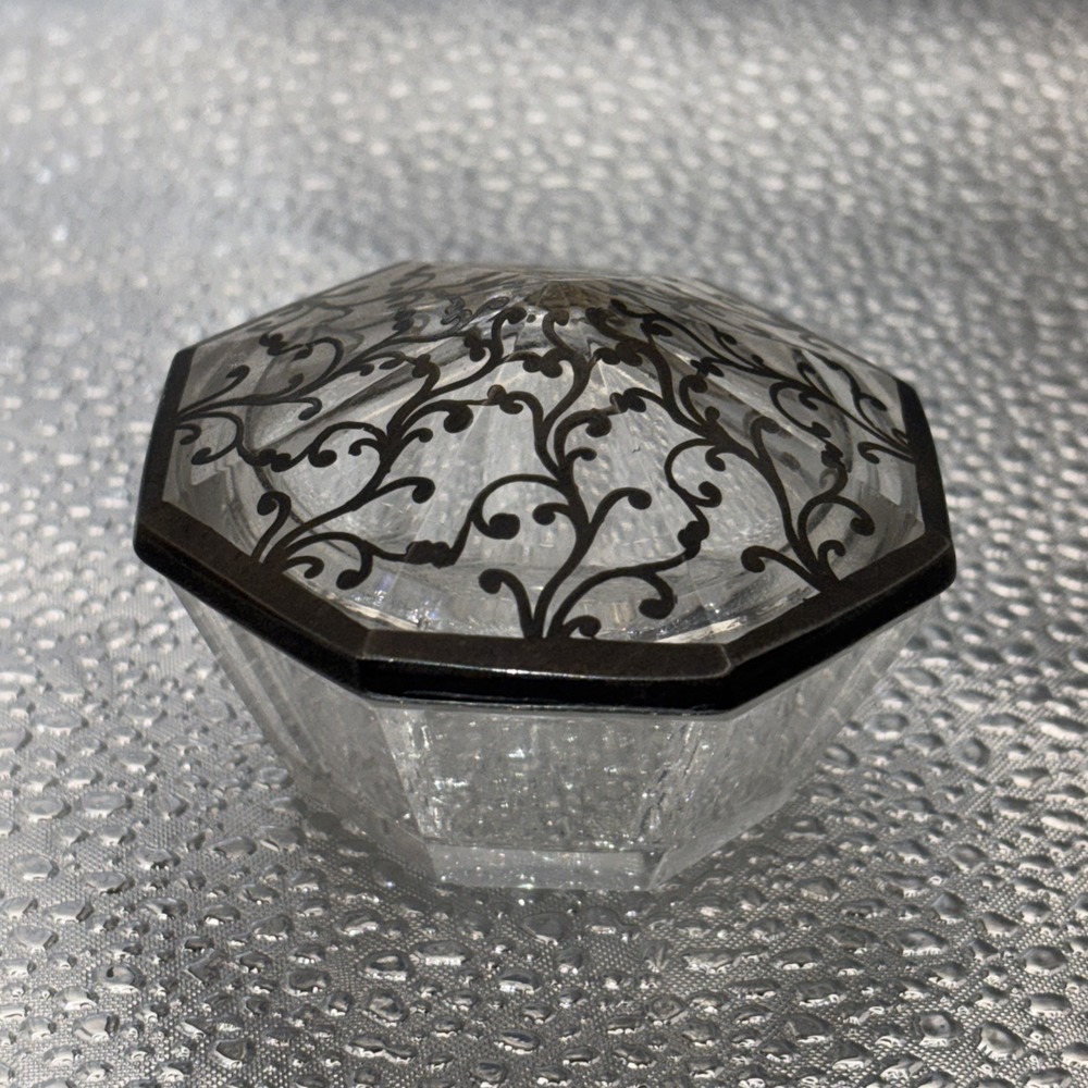 Antique Faceted crystal‎ glass box dresser vanity jar sterling silver Inlaid Lid